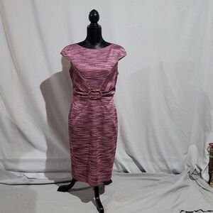 David Meister dress size 10 pockets metallic pink multicolored stripes buckle